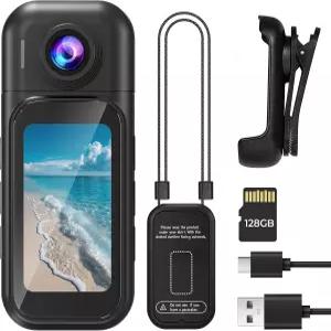 LED 스크린이 있는 노아캠 바디 카메라 128GB 내장 메모리가 미니 웨어러블 액션 4K 사진 터치스크린 180