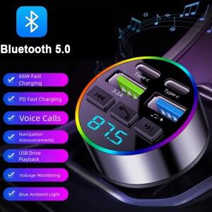 블루투스 5.0 FM 송신기 차량용 전화 충전기 MP3 음악 플레이어 USB 시가 라이터