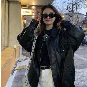 여성 가을 집업 터틀넥 가죽 라이크 코트 쇼트 슬림핏 빈티지 라이더