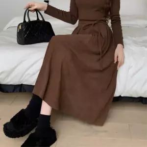 가을 겨울 러블리 허리리본 코듀로이 플레어 롱스커트 데이트룩 종아리커버 롱치마