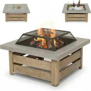 힐에셀 34인치 장작용 화덕 야외 테이블 파티오·뒷마당·정원용 대형 사각 실외용 뚜껑 분리형 금속 메쉬