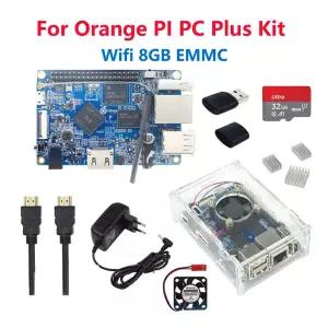 오렌지 파이 PC 플러스 H3 개발 보드 쿼드 코어 8GB EMMC WiFi 옵션 아크릴 케이스 냉각 팬 히트싱크 전원