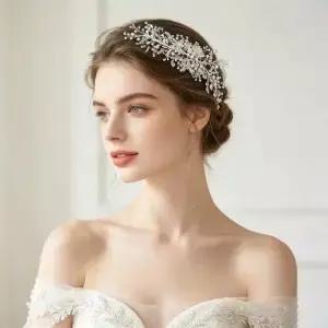 SLBRIDAL 핸드메이드 트렌디 크리스탈 라인스톤 진주 브라이덜 헤어밴드 웨딩 헤어 악세사리 여성 들러리