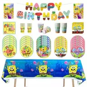 스폰지밥 스퀘어팬츠 파티 장식 베이비 샤워 생일 테마 일회용 식기 컵 접시 테이블보