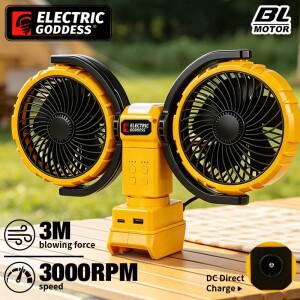 3000RPM 휴대용 듀얼 헤드 팬 360 ° 회전식 3단 속도 초강력 파워 쿨링 에어 듀월트 20V 배터리 핀용 저소