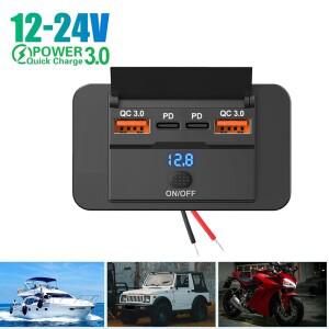 12V USB 콘센트 차량용 충전 4포트 듀얼 PD QC3.0 C 소켓 벽걸이형 액세서리 (자동차 보트 선박 RV 트럭용)