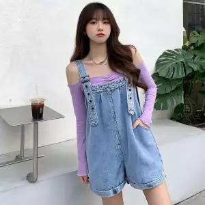 [하프클럽/]와이드 데님 멜빵바지 통 넓은 팬츠 길이조절 스트랩 청바지 봄