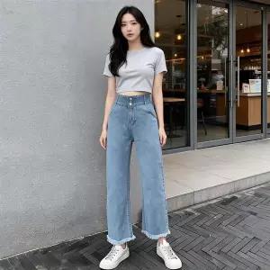 [하프클럽/]여자 와이드청바지 연청데님팬츠 밑단수술 통바지 3버튼 데일리