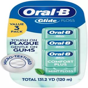 OralB 치실 컴포트 플러스 민트 3팩 ( 131.2야드) 찢어지지 않는 매끄러운 용 테이프 천연 왁스 플라그