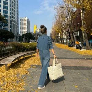 여자 데일리 청 점프슈트 꾸안꾸 멋 점프 슈트 가을 와이드 오버롤 청수트 스타일 데님 간절기