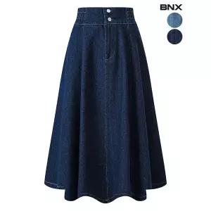 BNX 데님 투버튼 A라인 플레어 롱 스커트