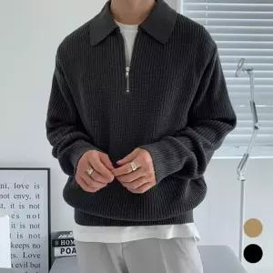 남자 캐주얼 세미룩 반집업 겨울 외출 데일리 니트 긴팔 카라 티셔츠 남성 니트티 기모 P.V