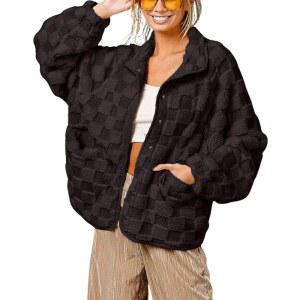 초 우 여성 겨울 캐주얼 체크 플리스 재킷 퍼지 오버사이즈 셰르파 샤켓 인조 모피 코트