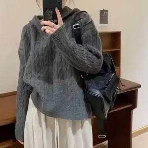 여성 겨울 외출 꽈배기 케이블 짜임 루즈핏 스타일 후드 니트 티셔츠 얇은 니트티 긴팔 P.V