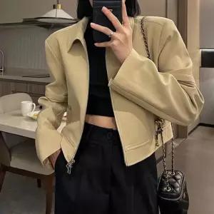 캐주얼 베이지 여성 크롭 블루종 아우터 자켓 LK-J009