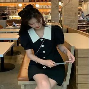 여성 블랙 원피스 카라 33 포인트 단추 배색 미니
