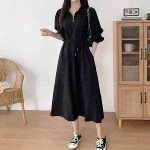 여성 셔츠형 스트링 롱 원피스 베이직 클래식 패션