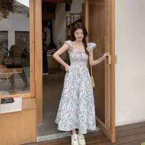 여성 여름 롱원피스 스퀘어넥 어깨프릴 우아한 원피스