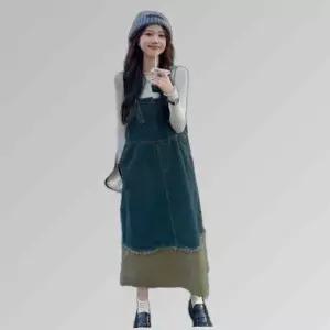 빈티지 데님 배색 멜빵 원피스 LL-D131