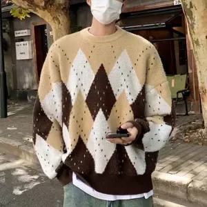 [STYLELUX]남성 사각 아가일 패턴 베이직 외출 패션 도톰 짜임 라운드 긴팔 니트 티셔츠 남자
