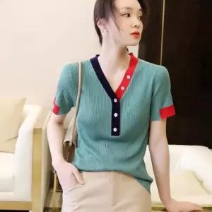 퓨어 배색 단추 니트 여자 예쁜 브이넥 셔츠 민트