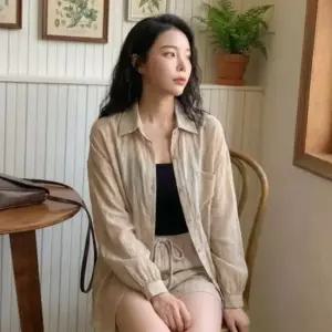 루즈핏 시스루 셔츠 반바지 세트 JSD-1008704