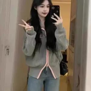F054731 간절기 초봄 배색  니트 집업 아우터 카디건