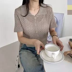 여자 스윗 펀칭 카라반팔 니트 가디건 여성 여름 롱 크롭