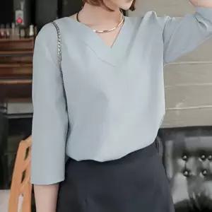 블라우스 무지 정장 오피스룩 여성 7부 브이넥