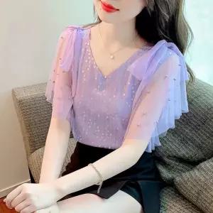 진주메쉬반팔 라인댄스복 라틴댄스복 메쉬 블라우스