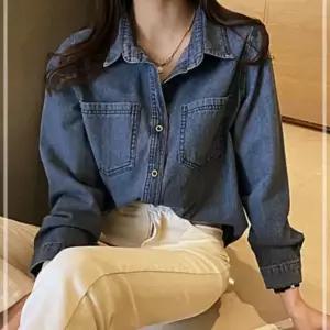단 패션 추청자쳇 데님 포켓 봄가을 셔츠 진청 여성 카라 캐주얼 R2WFFRIU44