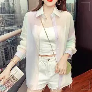 여름 긴팔 컬러 루즈핏 롱 간절기 시스루 셔츠 YWCA4F6C