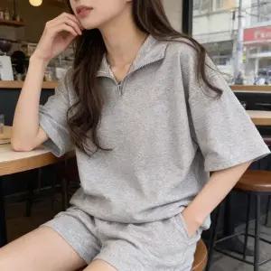여성 루즈핏 반집업 아노락 반팔 반바지 여름 운동복 헬스 홈웨어