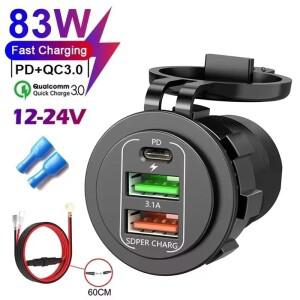 30W PD Type-C USB 차량용 충전기 12V/24V C 소켓 전원 콘센트 오토바이 RV 보트 ATV