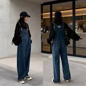 [하프클럽/]데님 와이드 멜빵바지 청 점프수트 진청 통바지 사계절 데일리