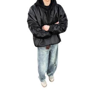 뽀뇨3 남성 블랙 페이크 투피스 가죽 코트 쇼트 루즈핏 후드 야구점퍼