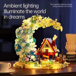 LED 달빛 나무집 꽃집 DIY 조립 블록 세트 위한 선물 생일 집 사무실 선반 장식