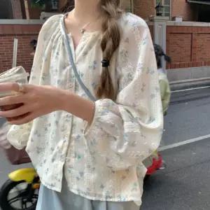 은창]로맨틱 레이스라인 제비꽃 블라우스 셔츠 여름 상의 퍼프 반팔 티셔츠