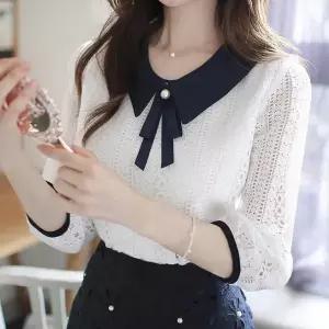 여성 봄 여름 레이스 블라우스 리본 날씬한 인형 넥 셔츠