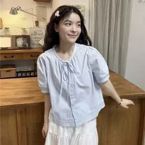여성용 여름 레이스 패턴 스트링 상큼한 반팔 셔츠 블라우스