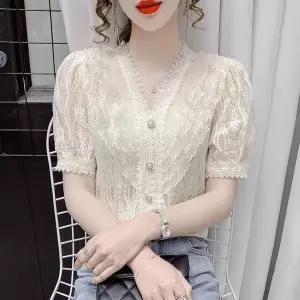 여성 여름 쉬폰 레이스 프릴 브이넥 퍼프소매 반팔 블라우스