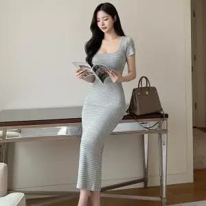 [옷자락]여자 스퀘어넥 단가라 니트 머메이드 롱원피스