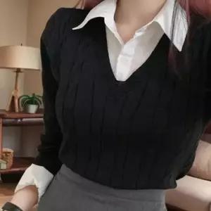 여성 레이어드 카라 셔츠 봄 가을 니트 블랙