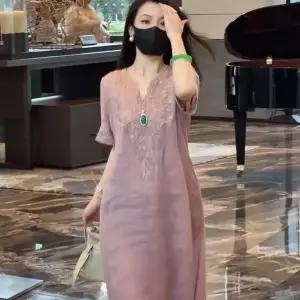 복고풍 린넨 원피스 고급 삼베 자수 원피스 빈티지 브이넥 루즈핏롱원피스