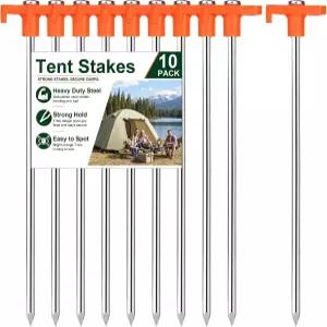 고강도 텐트 말뚝 7인치 10개 묶음 아연도금 강철 연마 녹 방지 금속 고가시성 오렌지색 머리 캠핑 캐노피