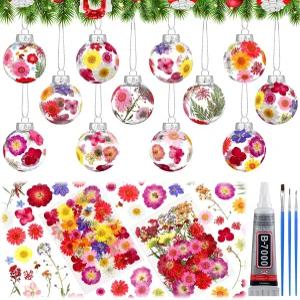 Tinideya 184개 12세트 DIY 크리스마스 볼 장식 키트 걸이형 말린 꽃 채우기 가능한 천연 압축 꽃잎 브러시