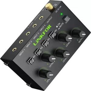 LiNKFOR 4채널 3.5mm 오디오 믹서 스테레오 지원 RCA 입력 및 출력 미니 액티브 별도 볼륨 조절 기능 포함
