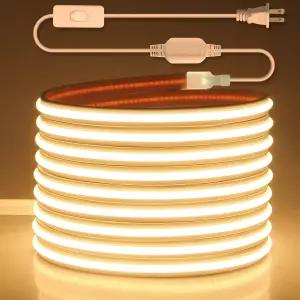 침실용 애클로롤 AC 110V COB LED 스트립 조명 따뜻한 흰색 16.4피트 3000K 120V 플러그 인 로프 야외 방수