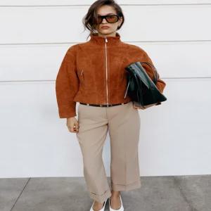 ZARA 100% 가죽 하이넥 재킷 - 오렌지 3046/260/615