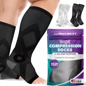 BraceAbility 와이드 종아리 압박 양말 - 남녀 공용 20-30 mmHg 오픈 토 스타킹 하지정맥류 부종 신경병증